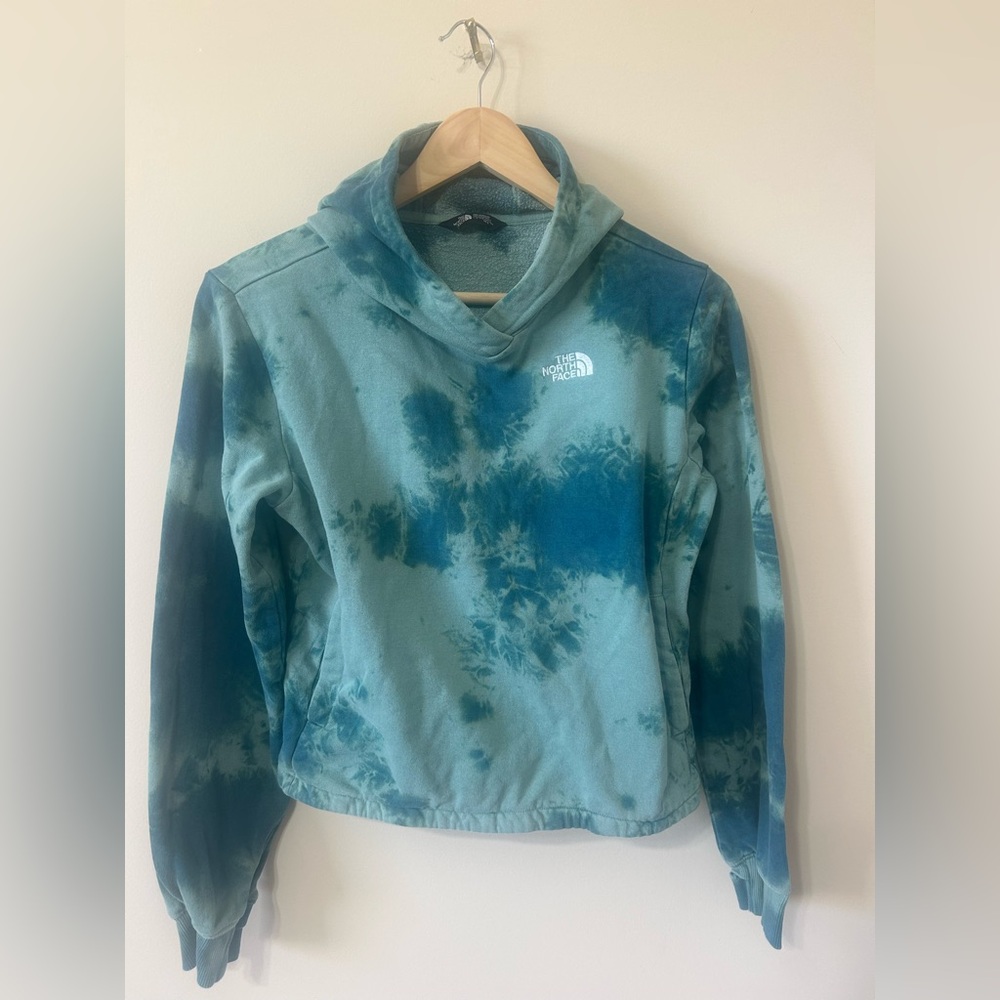 North Face Girls' Large Tie Dye Cropped Hoodie Sweatshirt Blue Green Pullover 14
